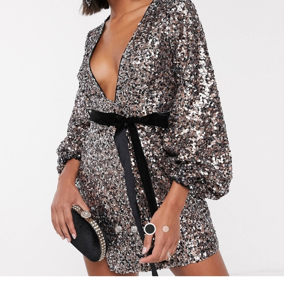 NWT Asos Long Sleeve Sequin Mini Wrap Dress - Picture 3 of 10
